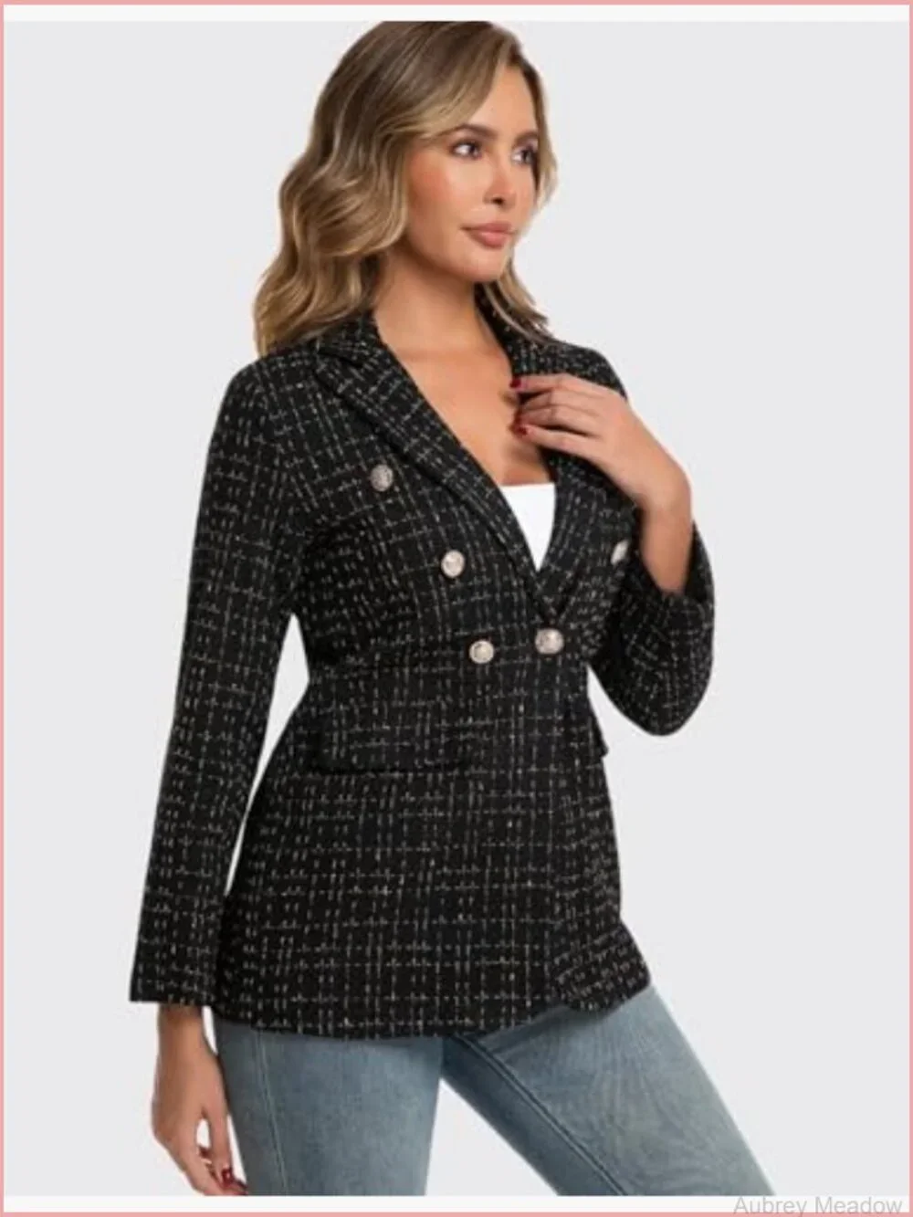 Women's Tweed Plaid Blazer Business Casual Notch Collar Long Sleeve